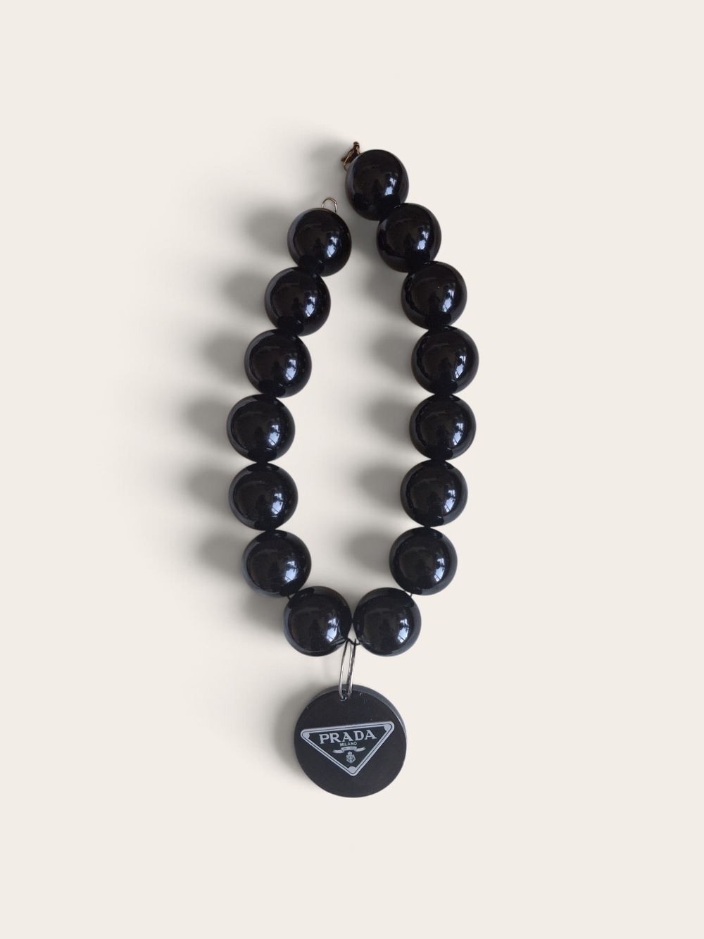 Prada Black Beaded Necklace with Logo Pendant